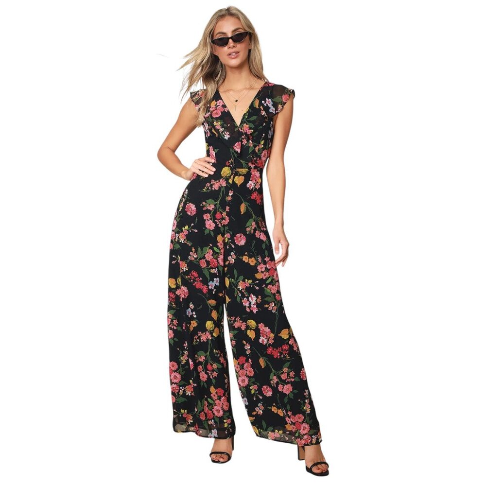 Lulus Blooming Love Black Floral Print Jumpsuit Ruffled Chiffon Women's Size S - Picture 4 of 11